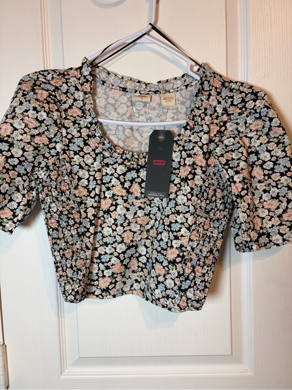 Levi's Black Floral Smocked Crop Top with Pink and Cream Flowers